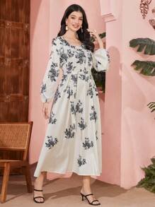 Mulvari Ladies' Floral Print Lantern Sleeves Dress - White - View 6