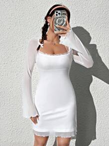 SHEIN EZwear 女士擴腳袖領口連身裙 - 白色 - 查看 4