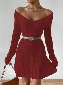 SHEIN Unity Solid Color Ribbed Knit Sweater Dress - Burgundy - View 4