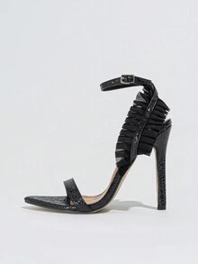 女用高跟可折疊花朵設計露趾涼鞋,黑色,優雅性感,適合夜店和戶外活動 - 黑色 - 查看 4