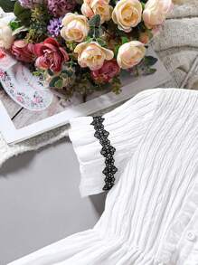 SHEIN Toddler Girls' Color Block Lace Trimmed Dress - White - View 6