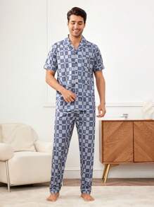 Men's Gentleman Style Blue Plaid Lapel Short Sleeve Button Front Pajama Set With Slight Stretch Fabric - Blue - View 4
