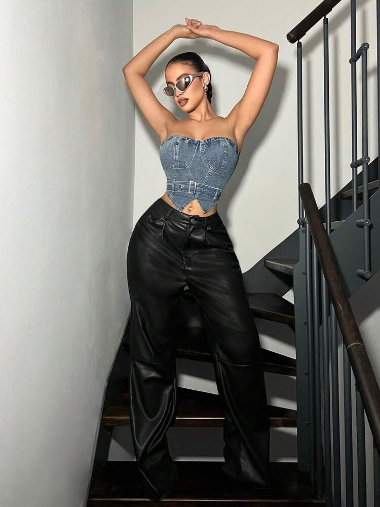 Women Asymmetrical Hem Strapless Denim Top