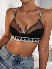 女式心形印花網眼拼接內衣 - 黑色 - 查看 6