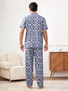 Men's Gentleman Style Blue Plaid Lapel Short Sleeve Button Front Pajama Set With Slight Stretch Fabric - Blue - View 3