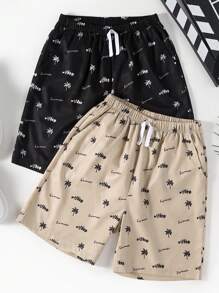 SHEIN 2pcs/Set Tween Boys' Elastic Waistband Tropical Plant & Letter Print Casual Shorts For Summer - Khaki - View 1