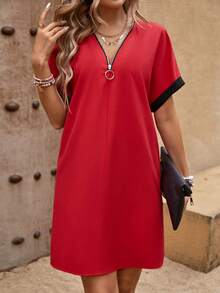 SHEIN LUNE Women's Colorblock Border Batwing Sleeve Dress - Red and Black - View 4