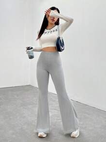 SHEIN EZwear Solid Color High-Waisted Flared Pants - Grey - View 5