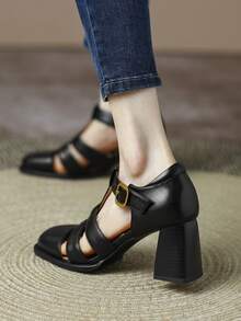 女士黑色透切粗跟t型復古正方形拖鞋時尚高跟鞋 - 黑色 - 查看 4