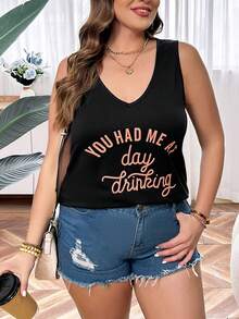 SHEIN LUNE 夏季女裝加大尺碼背心，印有口號印花 - 黑色 - 查看 4