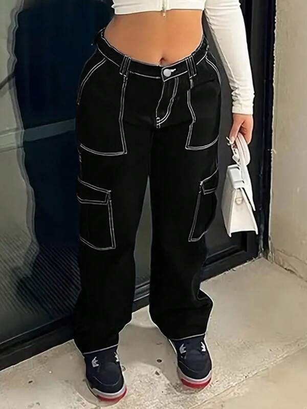 Women'S Straight Leg Pants With Stitching Design And Cargo Style
