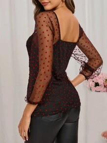 SHEIN Clasi Women's Sheer Mesh Heart Pattern Blouse - Red and Black - View 3