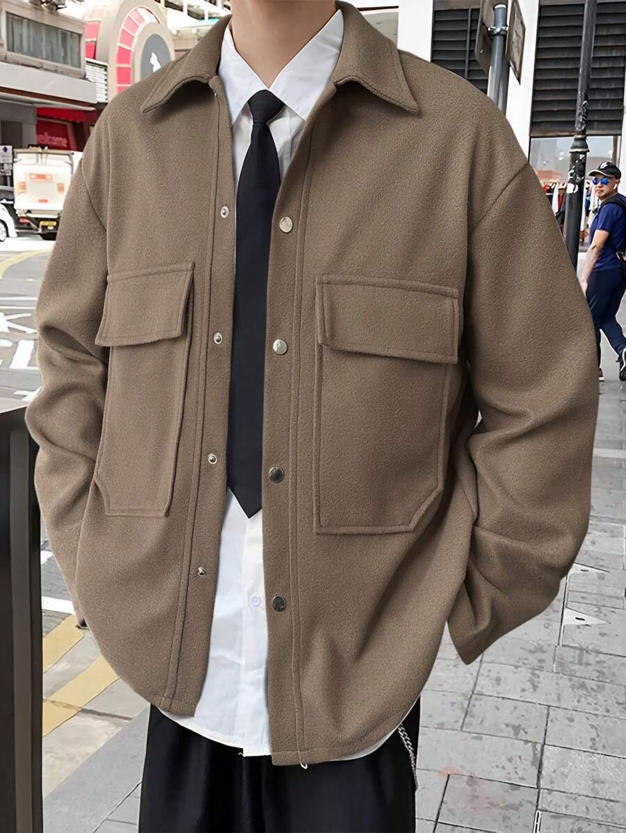 Manfinity Hypemode 男士翻盖口袋落肩袖夹克 - 咖啡棕 - 查看 1