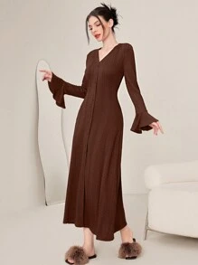 Modelyn 女士v領鈴襟袖連身裙 - 棕色 - 查看 3