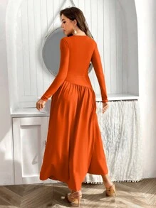 SHEIN Privé 女士圓領長袖連衣裙 - 珊瑚橙 - 查看 2