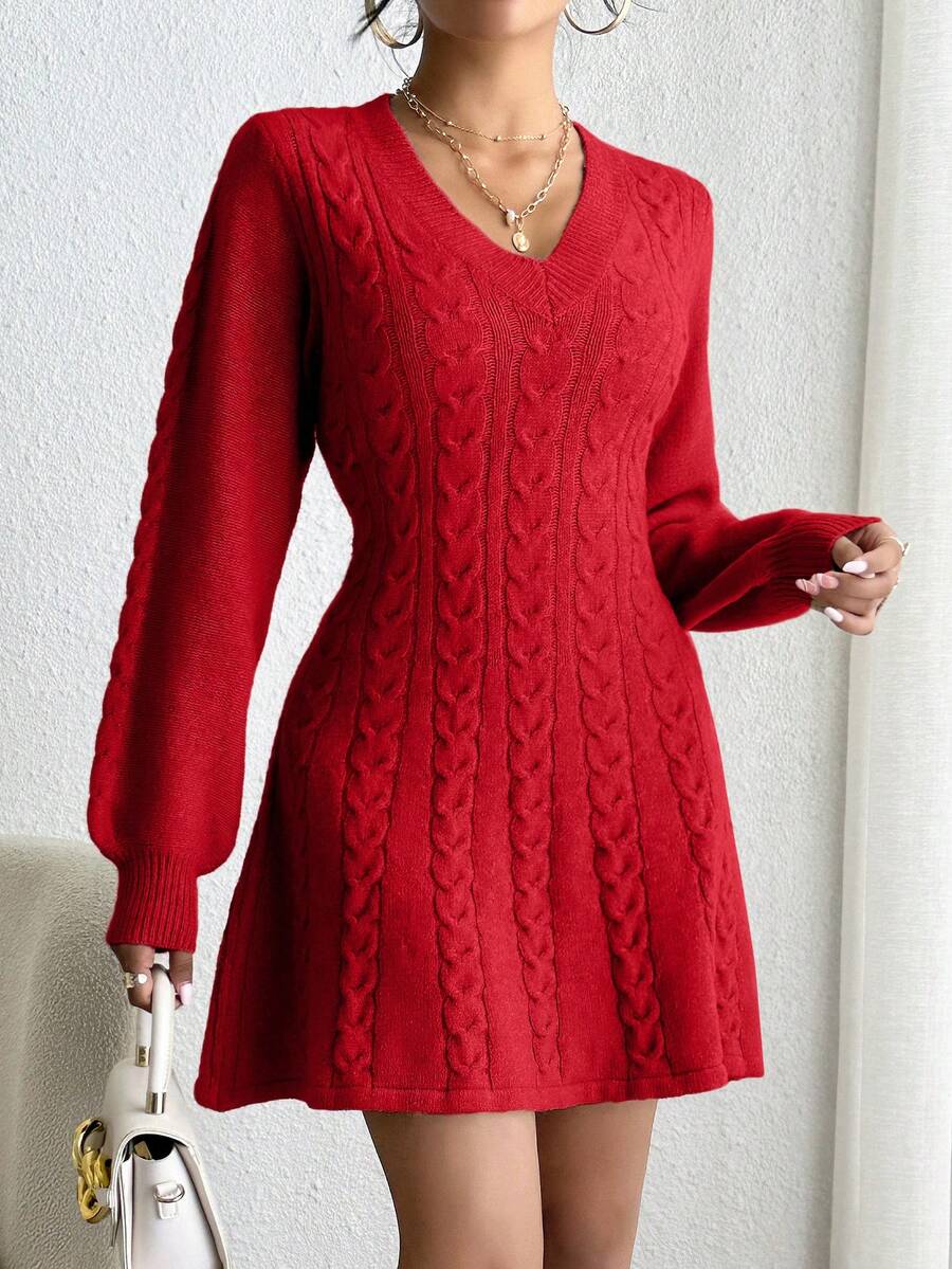 SHEIN Privé Women's Solid Color Lantern Sleeve Knitted Sweater Dress - Red - View 1