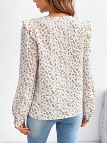 SHEIN Frenchy Cottagecore V領花卉印花上衣,肩部襱邊妖精裝夏季上衣情人節上衣 - 棕色 - 查看 5