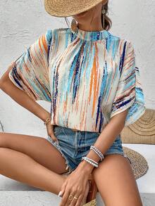 SHEIN VCAY 全身印花掛脖立領帶襯衫 - 彩色 - 查看 3