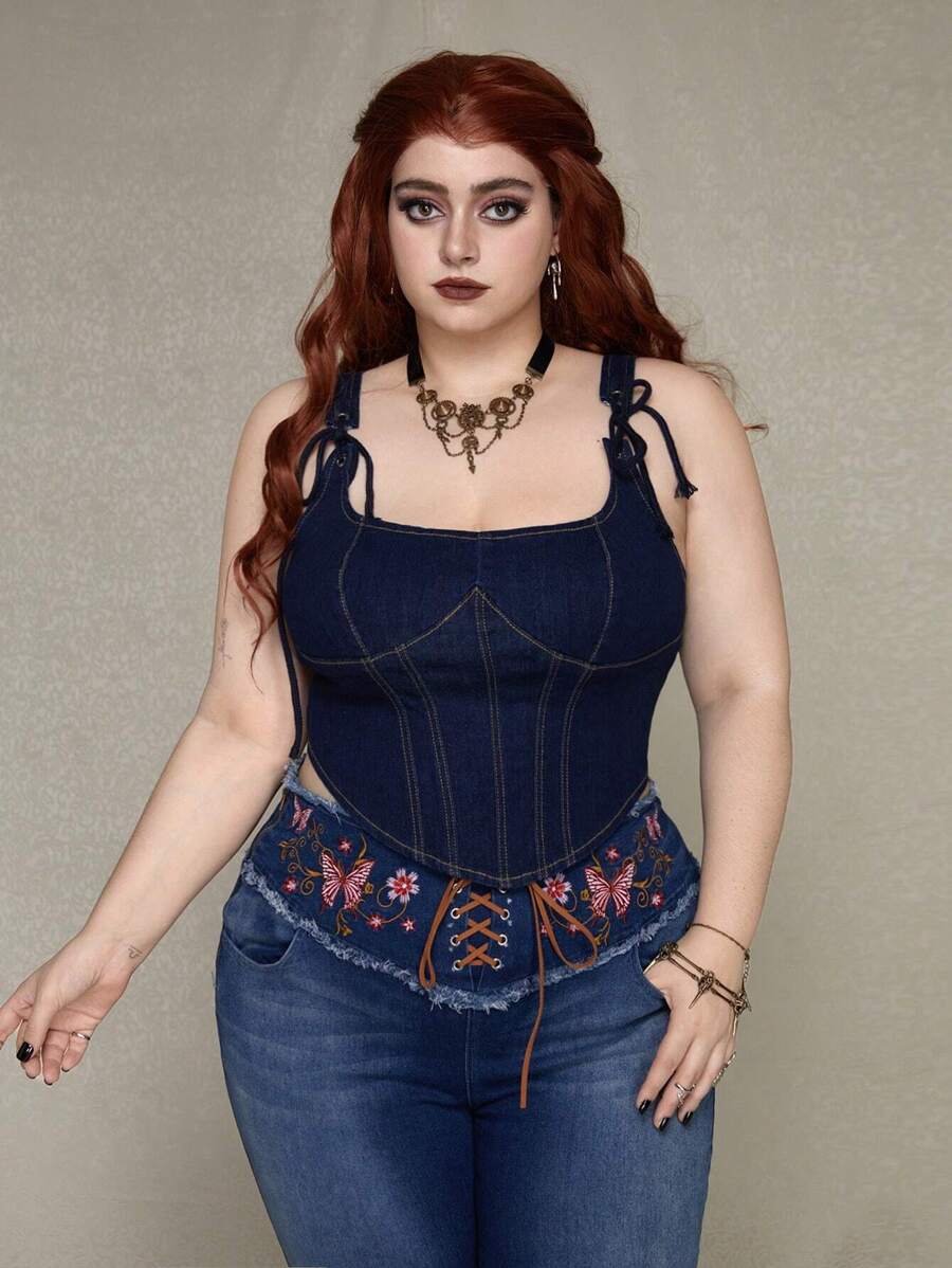 ROMWE PUNK Casual Plus Size Women'S Eyelet Lace-Up Sleeveless Denim Top - Blue - View 1