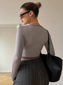 SHEIN Essnce Women's Line Pattern Print Cropped Long Sleeve T-Shirt - Khaki - View 4