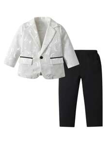 SHEIN 男童白色提花套装 2 件套 正式礼服套装 适合节日和节庆场合 - 白色 - 查看 1