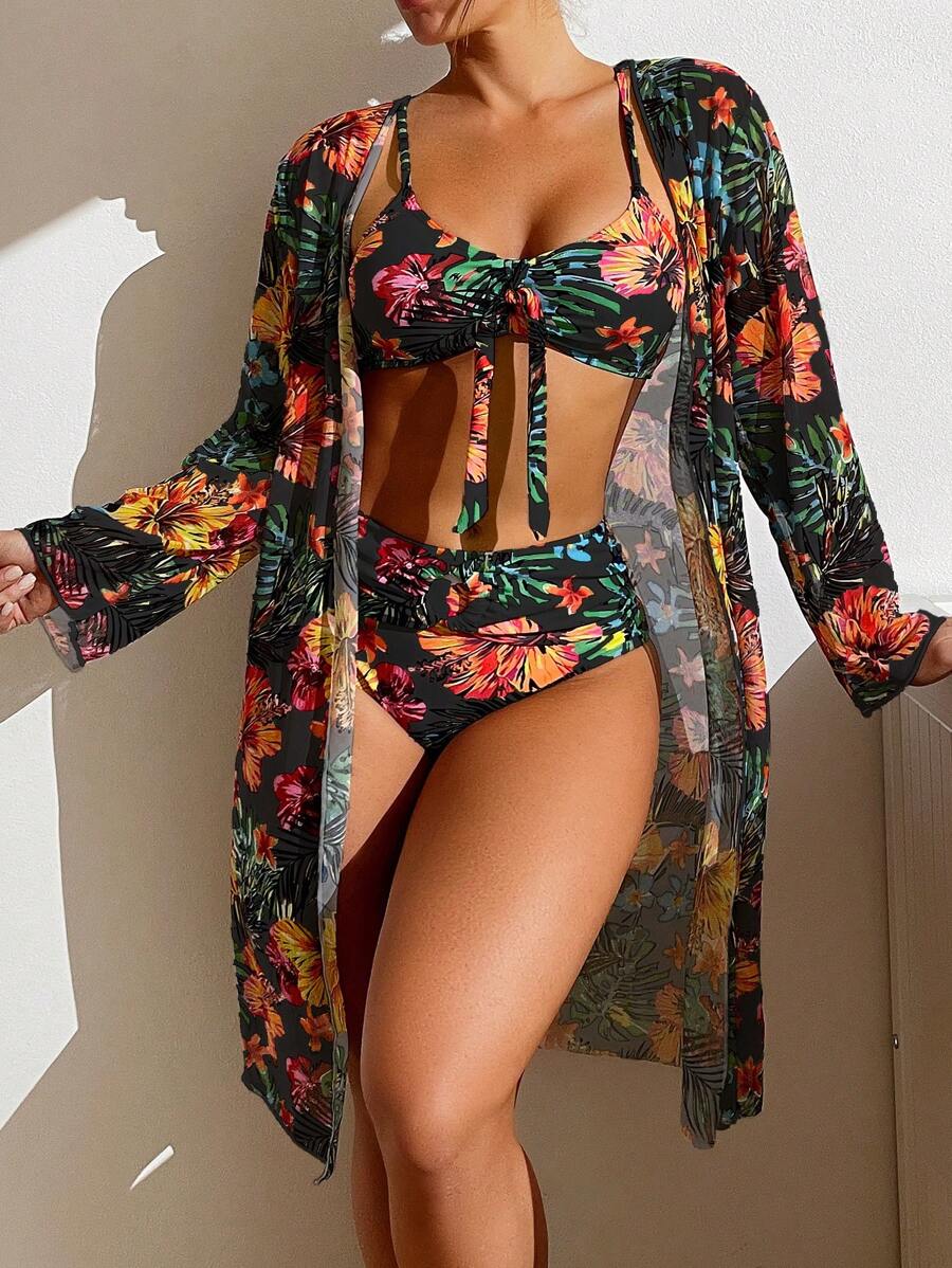 SHEIN Swim 夏季海滩女士三件套可分离植物印花比基尼套装嘉年华 - 彩色 - 查看 1