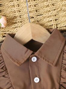 Baby Girl Ruffle Trim Flare Sleeve Shirt Dress - Coffee Brown - View 5