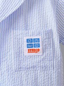 SHEIN Mùa hè Bong bóng Textured Sọc Ngắn tay Áo sơ mi Với Mặt trước Nút Và Túi Đồ trang trí - Màu xanh nhạt - Xem 6