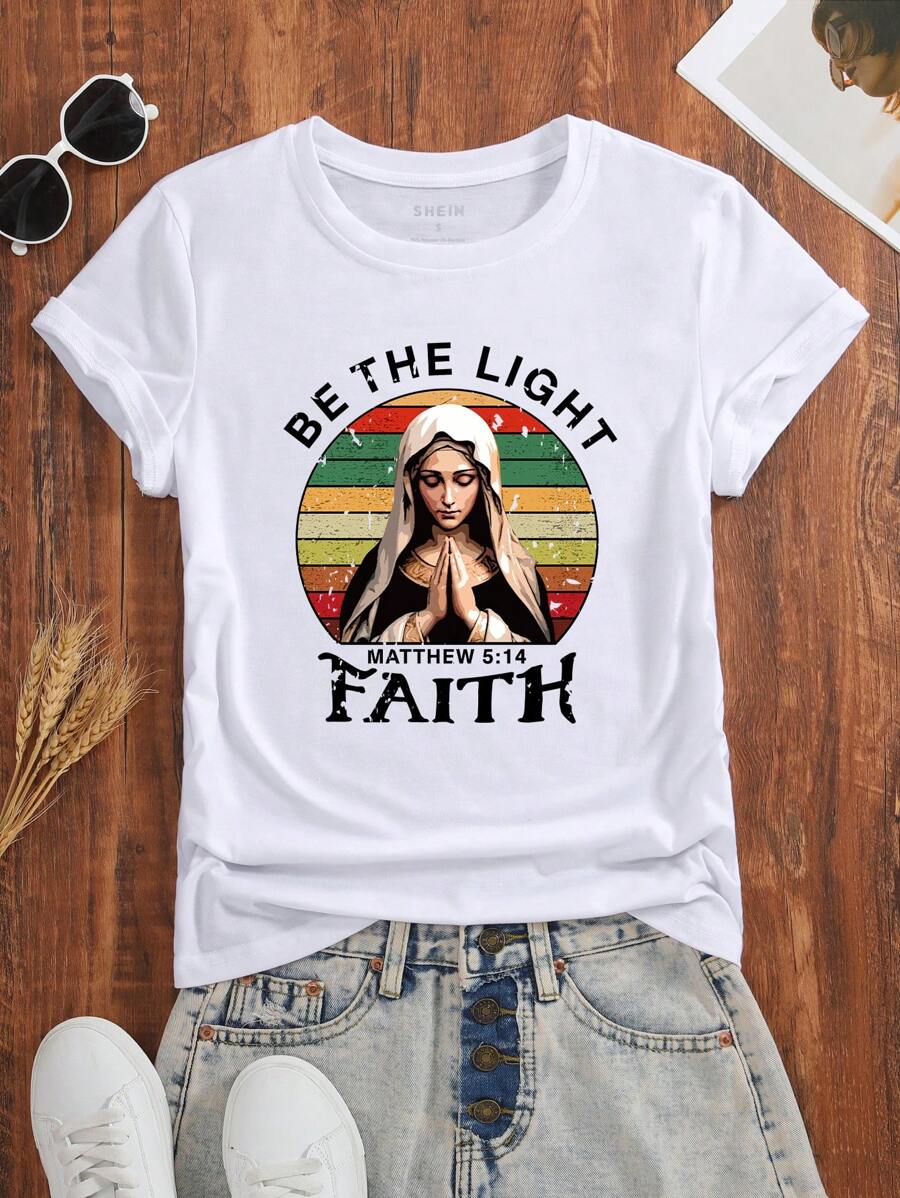 SHEIN EZwear Letter Graphic Short Sleeve Tees - White - View 1