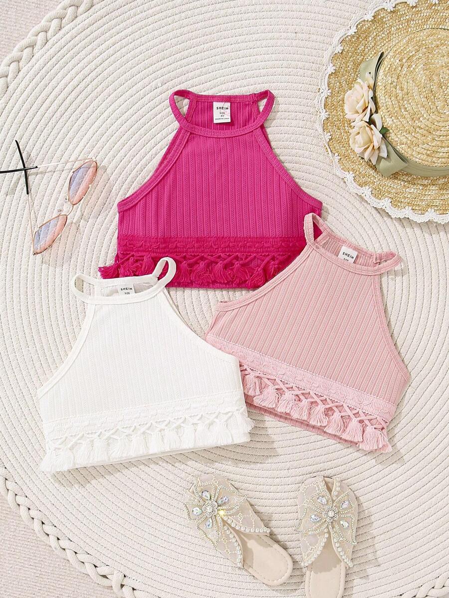 SHEIN Young Girl Ribbed & Tassel Hem Halter Top For Summer Beach Vacation - Multicolor - View 1
