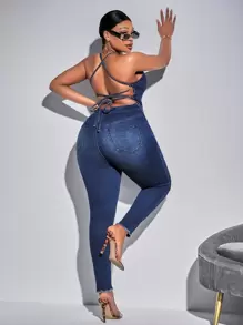 SHEIN SXY Plus Size Women'S Denim Jumpsuit With Backless Design And Tie Straps - Blue - View 1