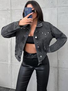 EURMUSE Women's Beaded Denim Jacket - Grey - View 1