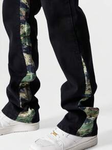 SUMWON Flare Fit Workwear Jean With All Over Print Panel - Black - View 5