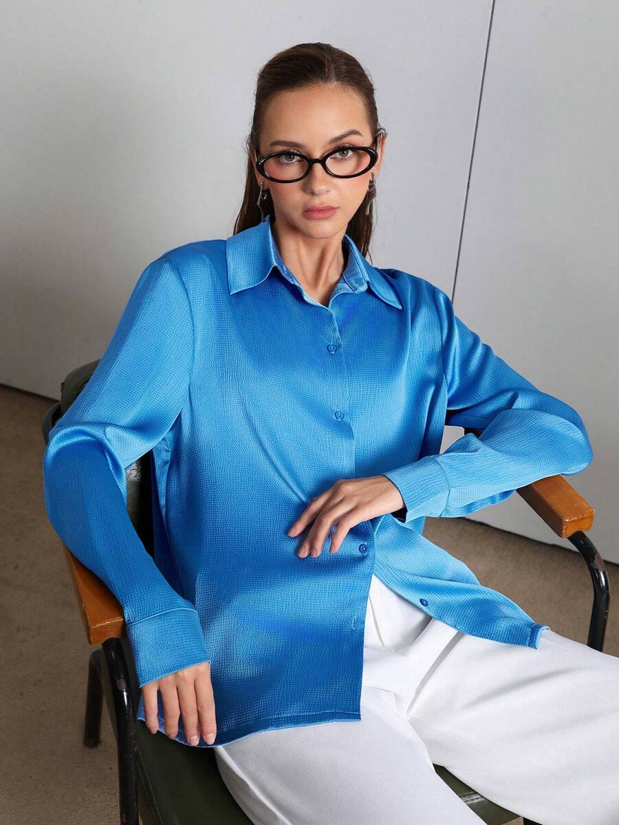 SHEINNeu Của phụ nữ Màu thuần Thả vai Tay áo Áo sơ mi - Màu xanh lam - Xem 1