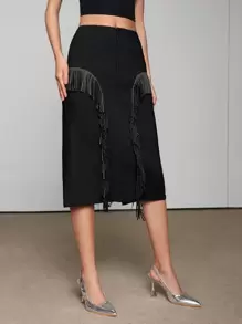 SHEINNeu Saia feminina com bolsos diagonais decorados com tachas e franjas - Preto - Ver 4