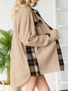 Astylish 菱格拼接鬆餅紋紐扣前開衫襯衫 - 杏色 - 查看 3