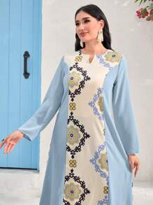 Al Najma Loose Fit Color Block Print Notched Neckline Dress - Baby Blue - View 4