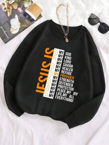 SHEIN EZwear Women's Round Neck Sweatshirt With Letter Print - Black - View 3