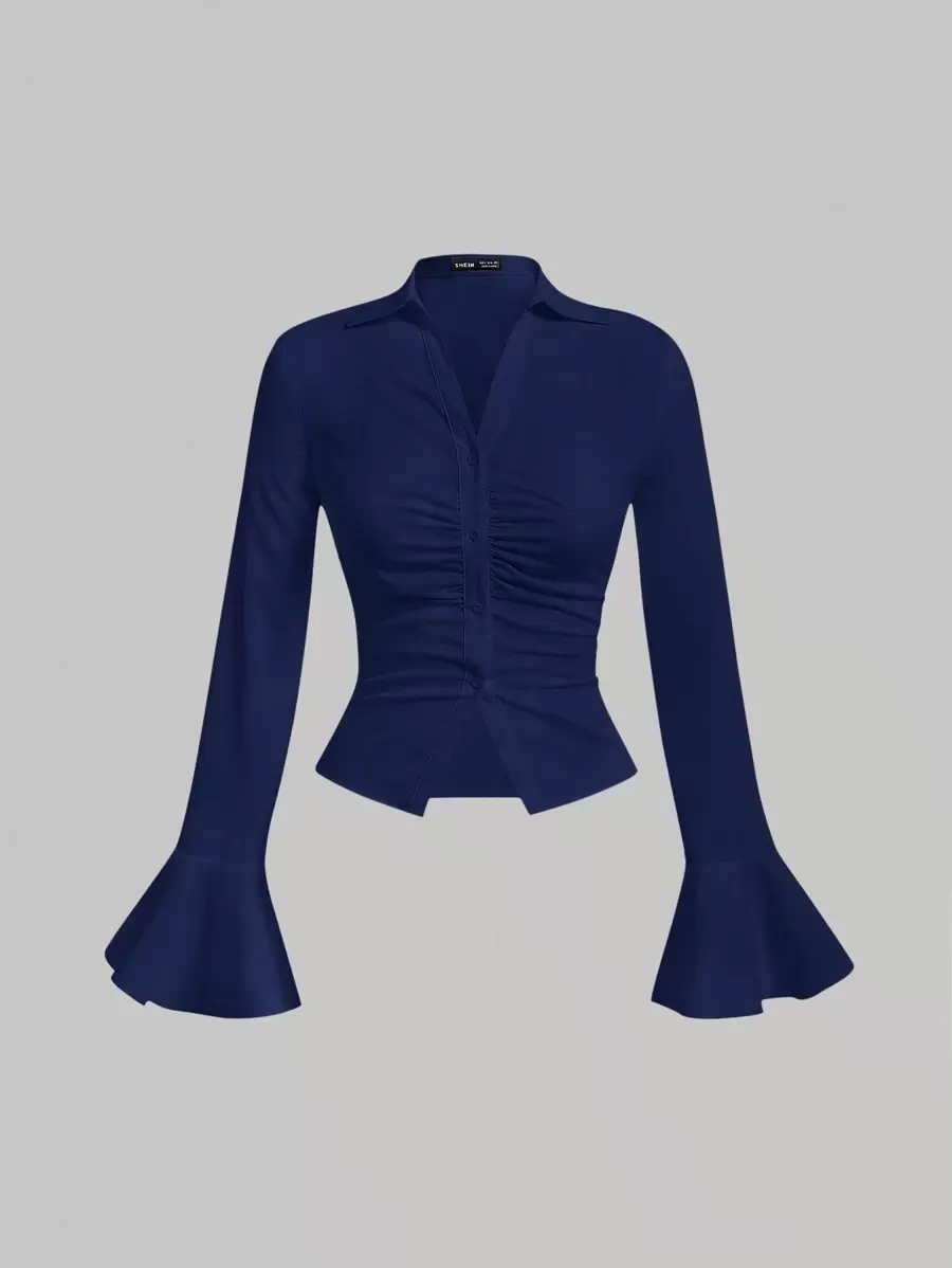 SHEIN MOD 女士荷叶边喇叭袖衬衫、长袖上衣