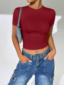 SHEIN EZwear 女士圓領短袖t恤 - 紅色 - 查看 1