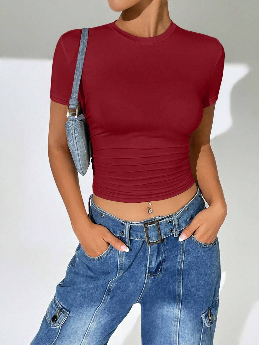 SHEIN EZwear 女士圓領短袖t恤 - 紅色 - 查看 1