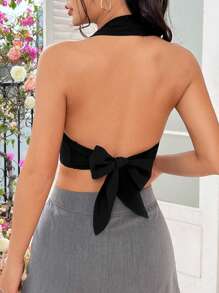 SHEIN EZwear 女士前單鈕打結露背領帶背心上衣 - 黑色 - 查看 3