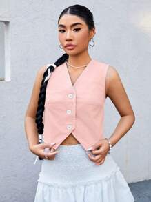 SHEIN EZwear Women's Suit Vest Jacket - Pink - View 3