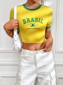 SHEIN EZwear Camiseta Bordada De Estilo Brasileño Con Combinación De Colores
