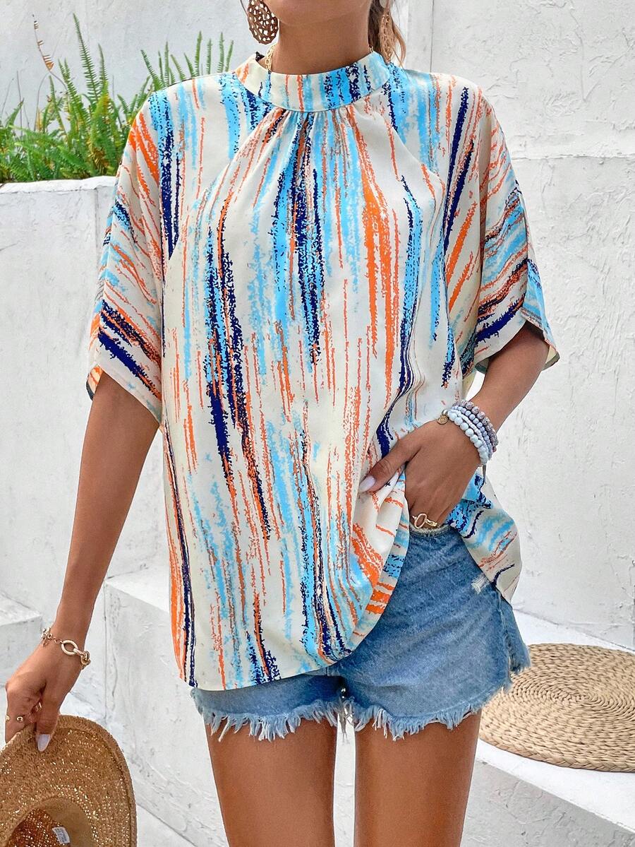 SHEIN VCAY 全身印花掛脖立領帶襯衫 - 彩色 - 查看 1