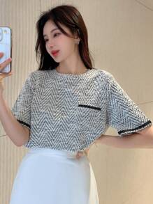 DAZY Camiseta De Mujer Con Patchwork Bordado En Espiga - Negro - Ver 4