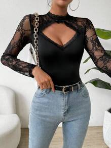 SHEIN Unity Women's Lace Patchwork Hollow Out Top - Black - View 6