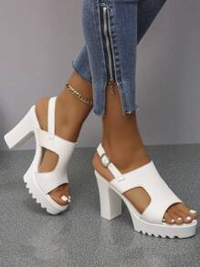 New 2024 European And American Style Strap Buckle High Heel Sandals. Stylish Thick Heel Everyday White Women's High Heel Sandals - Beige - View 3