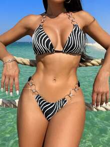 SHEIN Swim Conjunto de Maiô Bikini Separado de Listras Colorblock para Praia no Verão - Multicolorido - Visão 1