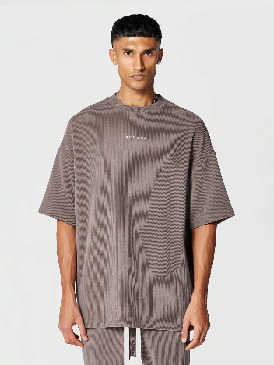 SUMWON 正面刺绣纹理立领 T 恤 - 棕色 - 查看 1